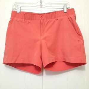 Under Armour Fitted Shorts Sz 8 Heat Gear Orange Pockets Fitness Sports Running